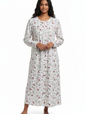 Aria Collection White Red Cardinal Print Long Sleeve Velour Nightgown Womens M